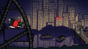 Rainbow Dash (dressed as Harley Quin) and the Jokermort look out over Gotham from the Ferris wheel