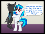 Vinyl Scratch holding a Changeling