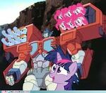 Twilight and Optimus Prime launching Pinkie Pies and Rainbow Dashes