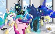 Princess Celestia, Princess Luna, Princess Cadence, Derpy Hooves and Queen Chrysalis background wallpaper fan art by unnop64.