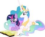 Princess Celestia teach Twilight how to read a book.