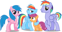 Left: Rainbow Dash's mother (Firefly) Middle: Rainbow Dash and her adopted little sister, Scootaloo Right: Rainbow Dash's father