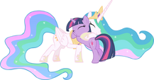 Princess Celestia give Twilight a warm hug.