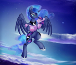 Princess Luna carries younger Princess Twilight on her arms.