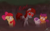 Requested picture of Mitta as a zombie, telling the Cutie Mark Crusaders to run