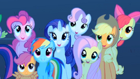 Main 5 ponies and CMC are watching the meteor shower S01E24