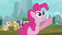 Pinkie Pie points up towards the sky S2E02