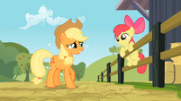 Apple Bloom on a fencing while talking to Applejack S2E14