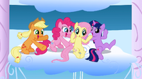 Applejack, Pinkie Pie, Fluttershy and Twilight watching the Sonic Rainboom S01E16