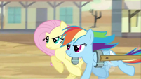 Fluttershy and Rainbow Dash galloping S2E14