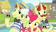 Flim and Flam next to Apple Bloom and Granny S4E20