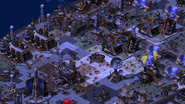 Chinese base affected by the blue effect. If one looks closely, the Tesla Reactors are affected by chrono freeze, which is the cause of the lack of power. Only the Construction Yard isn't disabled, so it only provides a measly 60 power for the time being.