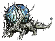 Concept préliminaire du Shara Ishvalda ici, il semble porter des orbes, faisant analogie avec le fait de supporter un univers (source : Monster Hunter Festa Booklet 19-20)