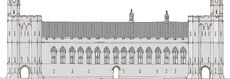A drawing of the front of a castle hall, with two towers at either end and a row of high windows running along with the middle. The drawing is in shades of grey.