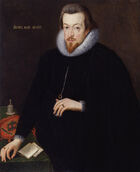 A three-quarter portrait of a white man, dressed entirely in black with a white lace ruff. He has brown hair, a short beard, and a neutral expression. His left hand cradles a necklace he is wearing. His right hand rests on the corner of a desk, upon which are notes, a bell, and a cloth carrying a crest. Latin text on the painting reads "Sero, Sed, Serio".