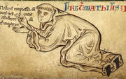 A medieval sketch of Matthew Paris, dressed as a monk and on his hands and knees.