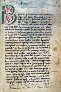 A photograph of the first page of the Anglo-Saxon Chronicle
