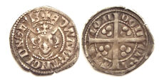 Two sides of a long cross penny coin. The left image shows its obverse, with a portrait of King Edward wearing a coronet. The right image, showing the reverse, depicts a cross.