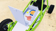 A close up of the front of the buggy. The plastic sheeting has been lifted to reveal a small compartment used for storage. Inside, a bowl of poutine and a bottle of maple syrup have been placed.