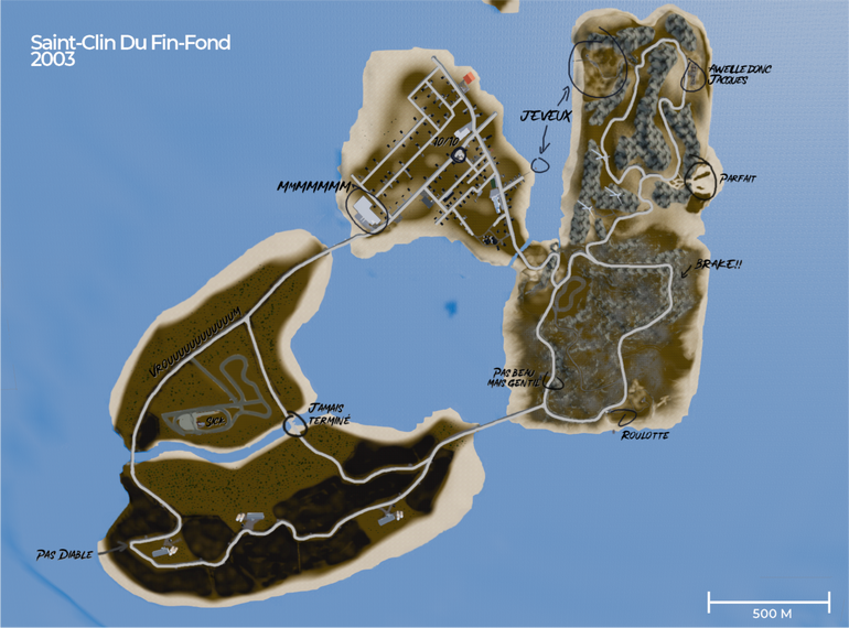 The in game map, showing each of the three islands, and pencil marks showing key locations.