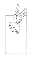 O logotipo do estúdio de arte fictício Porcos com Asas, de Emerson, com um porco que se assemelha mais aos membros da Legião dos Leitões Alados