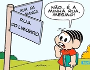 Monica looking at the sign indicating she is in the Lemon Tree Street.