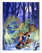 MI2 altcover2.jpg (318 KB) Alternate cover for MI2, featuring the Swamp, with Guybrush and Elaine using a coffin as boat.