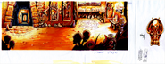 Background for a portion of the Fortress by Peter chan that didn't appear in the finished game; it includes a ceremonial spot with a voodoo vèvè; notice the skeleton in the middle that looks like the LucasArts logo. The drawing on the right is perhaps a part of a puzzle related to that screen.