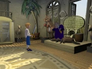 Guybrush talks to Mandrill before Insult Sword Fighting.