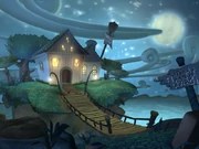 A lone lit house on an island, connected to the mainland via bridge. A sign pointed to the house reads "Meathook's House of Wax".