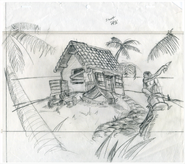 Early pencil sketch of the Cottage; the statue holds a banana