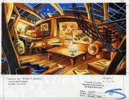 Watercolor background painting of Wally's hut.