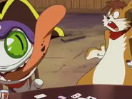 ... and he's found cheating once again, licking off the print of his card to leave it blank.