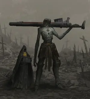 A Communicant Anti-Tank Hunter (right), accompanied by a Mendelist Ammo Monk