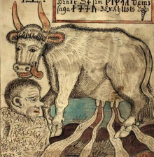 Audhumla licks Búri from beneath the rime.