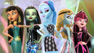 Draculaura, Frankie, Abbey, Lagoona, and Cleo strutting their stuff on the Catwalk in "City of Frights"!