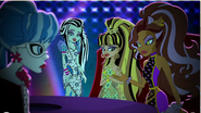 Ghoulia, Frankie, Cleo and Clawdeen from their Dot Dead Gorgeous outfits in Boo Year's Eve.