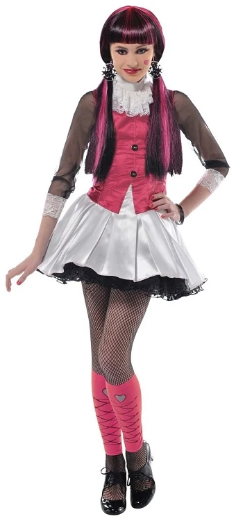 open lace back dress Monster High Draculaura Cosplay Costume Vampire Pink Printed Gauze Dress  Halloween Party Clothing -Cosplayflying