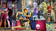 Clawd hugging Draculaura, along with Heath showing his muscles with Ghoulia, Abbey, Lagoona and Toralei.