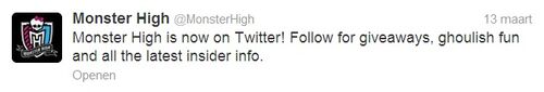 The first tweet on the Monster High Twitter account.