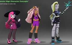 Concept art of Draculaura, Clawdeen and Frankie for the show