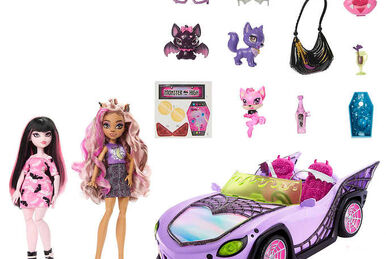 Monster High Toy Car, Ghoul Mobile with Pet and Cooler Accessories, Purple  Convertible with Spiderweb Details Large, 4 years and older