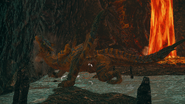 A Tigrex marking territory in the Lava Caverns