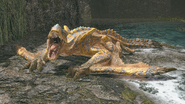 A Tigrex yawning in the Lava Caverns