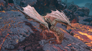 A Rathian eating a Rhenoplos corpse in the Lava Caverns