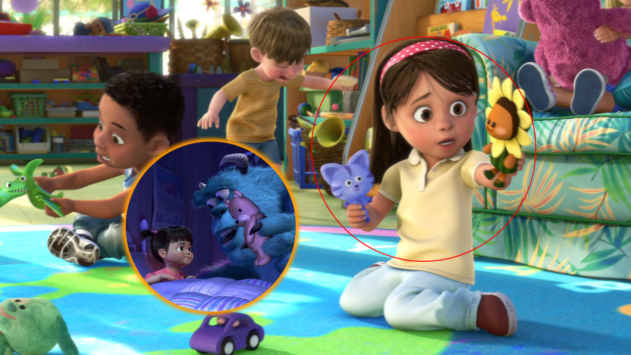 In Toy Story 3, one of the girls at the Sunnyside Daycare is a slightly  older Boo from Monsters, Inc.