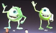 Younger Mike from Monsters University as compared to his older self in Monsters, Inc.