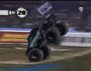 Blue Thunder's freestyle run from Anaheim 2008. The timer graphic is once again visible, this screenshot is from a UK airing, as Bravo 2 (the logo in the top right) was a UK TV channel that was main broadcasting channel for Monster Jam in the UK