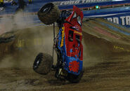 Spider-Man's infamous crash at Monster Jam World Finals XI.