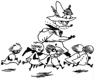 Snufkin and Little My with the unnamed children